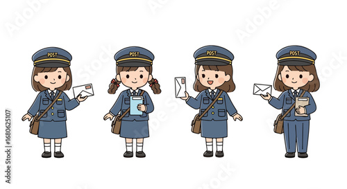 Set of cartoon illustrations of kids dressed as mail carriers in professional uniforms delivering letters and packages, riding bicycle, and saluting, symbolizing postal service, delivery, and teamwork