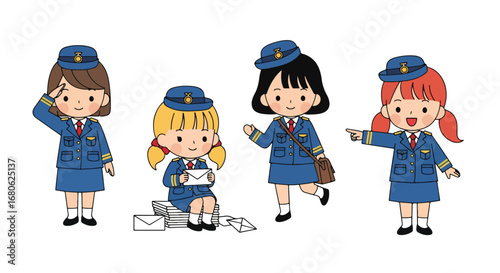 Set of cartoon illustrations of kids dressed as mail carriers in professional uniforms delivering letters and packages, riding bicycle, and saluting, symbolizing postal service, delivery, and teamwork