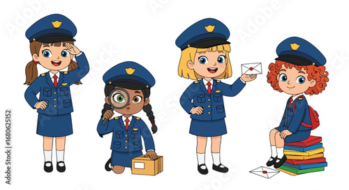 Set of cartoon illustrations of kids dressed as mail carriers in professional uniforms delivering letters and packages, riding bicycle, and saluting, symbolizing postal service, delivery, and teamwork