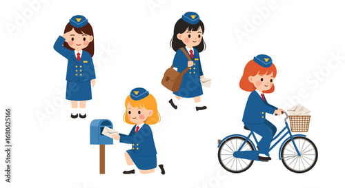 Set of cartoon illustrations of kids dressed as mail carriers in professional uniforms delivering letters and packages, riding bicycle, and saluting, symbolizing postal service, delivery, and teamwork