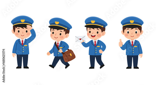 Set of cartoon illustrations of kids dressed as mail carriers in professional uniforms delivering letters and packages, riding bicycle, and saluting, symbolizing postal service, delivery, and teamwork