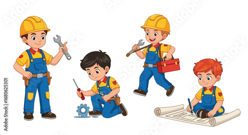 Set of cartoon illustrations of kids dressed as repairman in professional workwear holding tools, toolbox, and bolts, symbolizing career role play, teamwork, repair service, and education concepts
