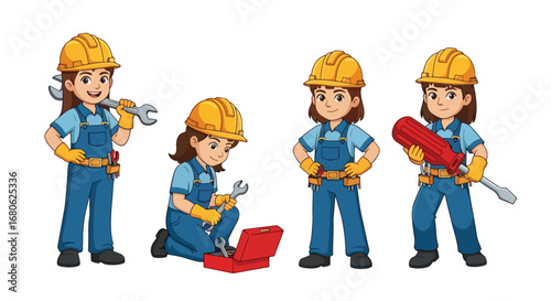 Set of cartoon illustrations of kids dressed as repairman in professional workwear holding tools, toolbox, and bolts, symbolizing career role play, teamwork, repair service, and education concepts