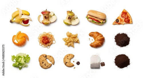 An organized collection of various food items and leftovers, including fruit, pizza, and cookies, representing food waste.