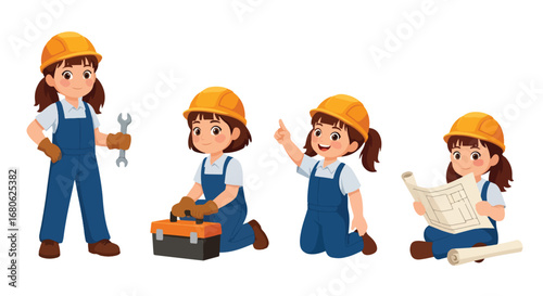 Set of cartoon illustrations of kids dressed as repairman in professional workwear holding tools, toolbox, and bolts, symbolizing career role play, teamwork, repair service, and education concepts