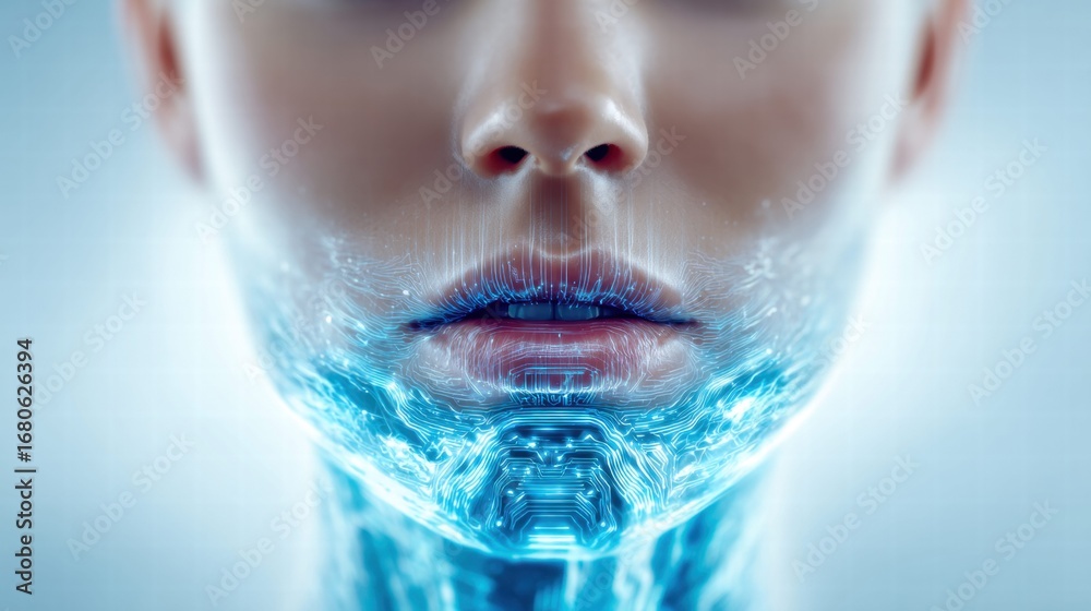 Fototapeta premium A captivating close-up featuring a human face integrated with digital circuit designs.