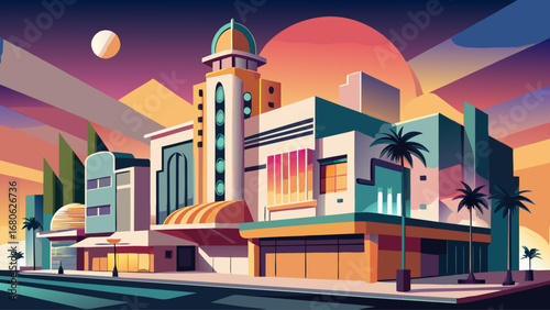 Asmara Modernist Architecture, Eritrea, reveals streamlined cinemas, bold facades, and geometric towers. Soft pastel lighting; semi-realistic flat vector highlighting minimalism, clean lines, and urba