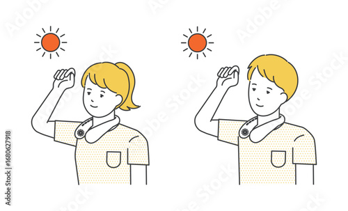 首にネッククーラーをかける男女のイラスト