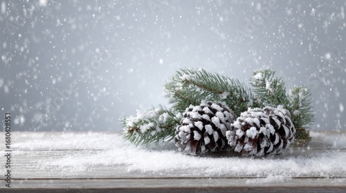 Snowy pinecones on rustic wood, whispering Yule festivity and Nordic winter solstice charm, evoke serene holiday nostalgia