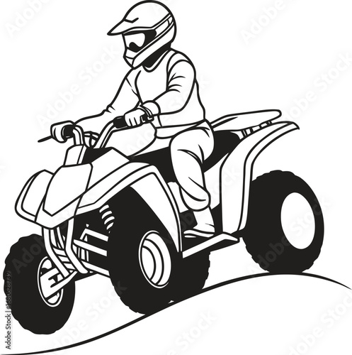 Dynamic quad bike rider in protective helmet captured in action on a clean white background