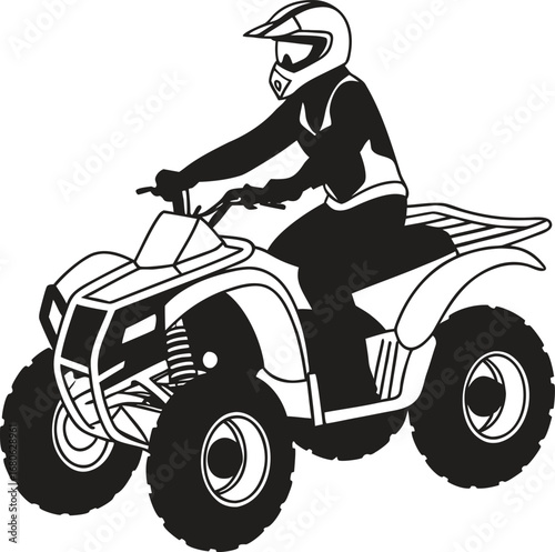 Dynamic quad bike rider in protective helmet in action on a clean white background