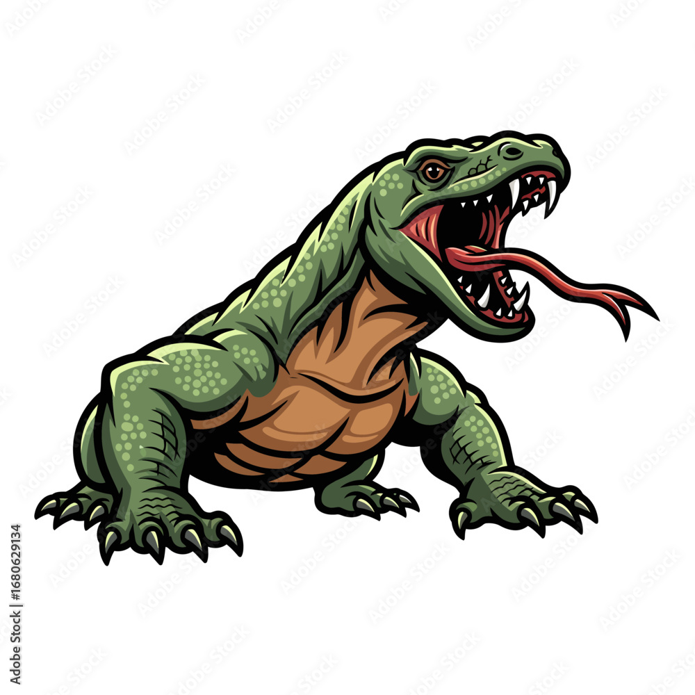 Fototapeta premium Fierce Komodo dragon mascot in an aggressive pose with an open mouth, showcasing sharp teeth and a forked tongue