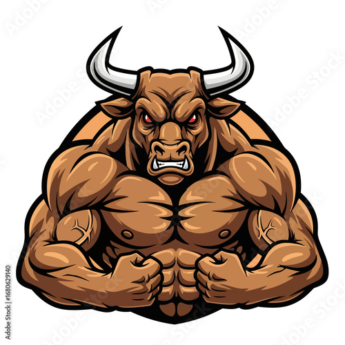 Powerful Muscular Bull Cartoon Character Illustration