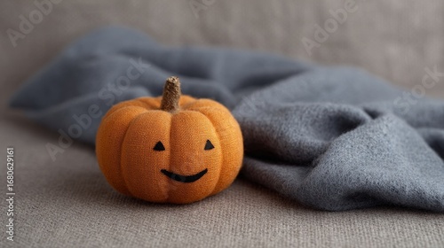 Cheerful jack-o'-lantern plushie cozied on woolen blanket, embodying whimsical autumn vibes and Halloween's gentle embrace of Hygge