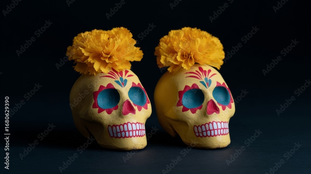Fototapeta premium Vibrant sugar skulls crowned with marigolds evoke Dia de los Muertos, celebrating life with colorful, symbolic zest