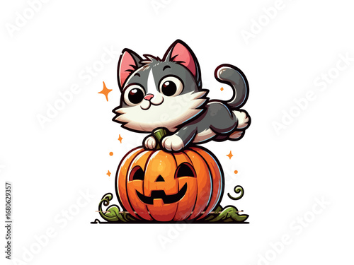 Funny cat playing with cute scary pumpkin ,Halloween T-shirt Design, Generative AI.