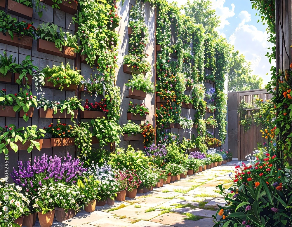 Obraz premium A vibrant garden path lined with lush vertical planters and colorful blooms, bathed in sunny daylight.