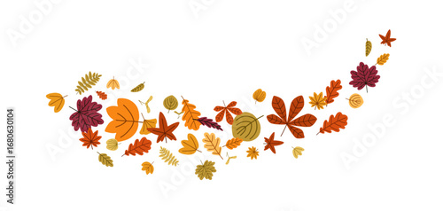Autumn foliage in motion. Fall tree leaves falling, flying in air in swirl, whirl, twist shape. Dynamic flow, dry yellow and orange leaf group. Flat vector illustration isolated on white background