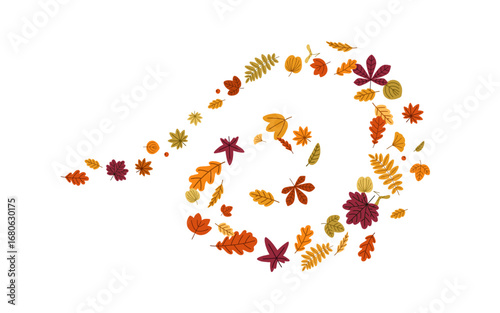 Fall foliage in whirl, vortex. Autumn tree leaves flying in air in spiral, sw...