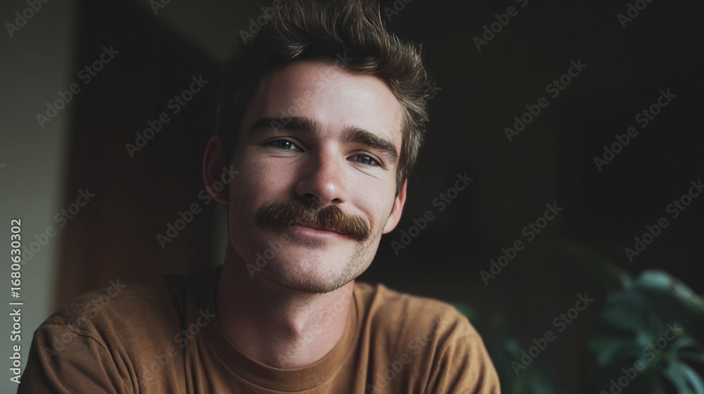 Fototapeta premium Smiling Caucasian man with a vintage mustache, embodying the spirit of Movember and International Men's Day reflections