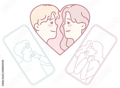 This illustration shows a couple connected through digital devices, symbolizing modern romance and relationships
