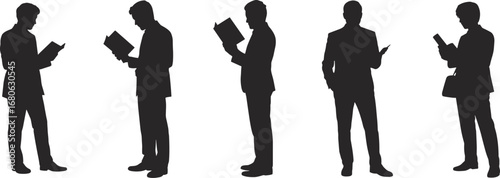 Silhouettes of five businesspeople reading documents or books in professional attire, standing.