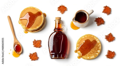 Overhead view of golden pancakes drizzled with rich maple syrup, accompanied by a bottle, creamer, and spoon of syrup, alongside decorative maple leaves on a white background.