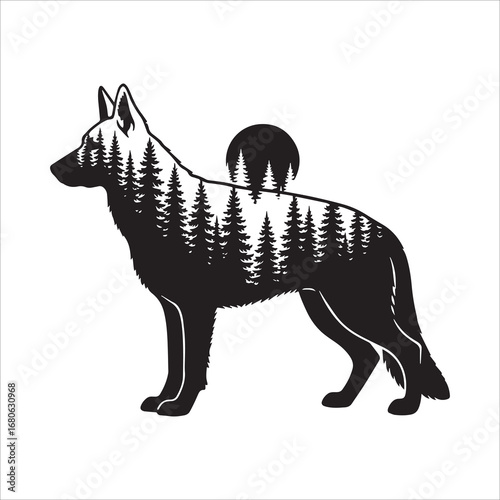 Vector art of german shepherd silhouette with forest and moon