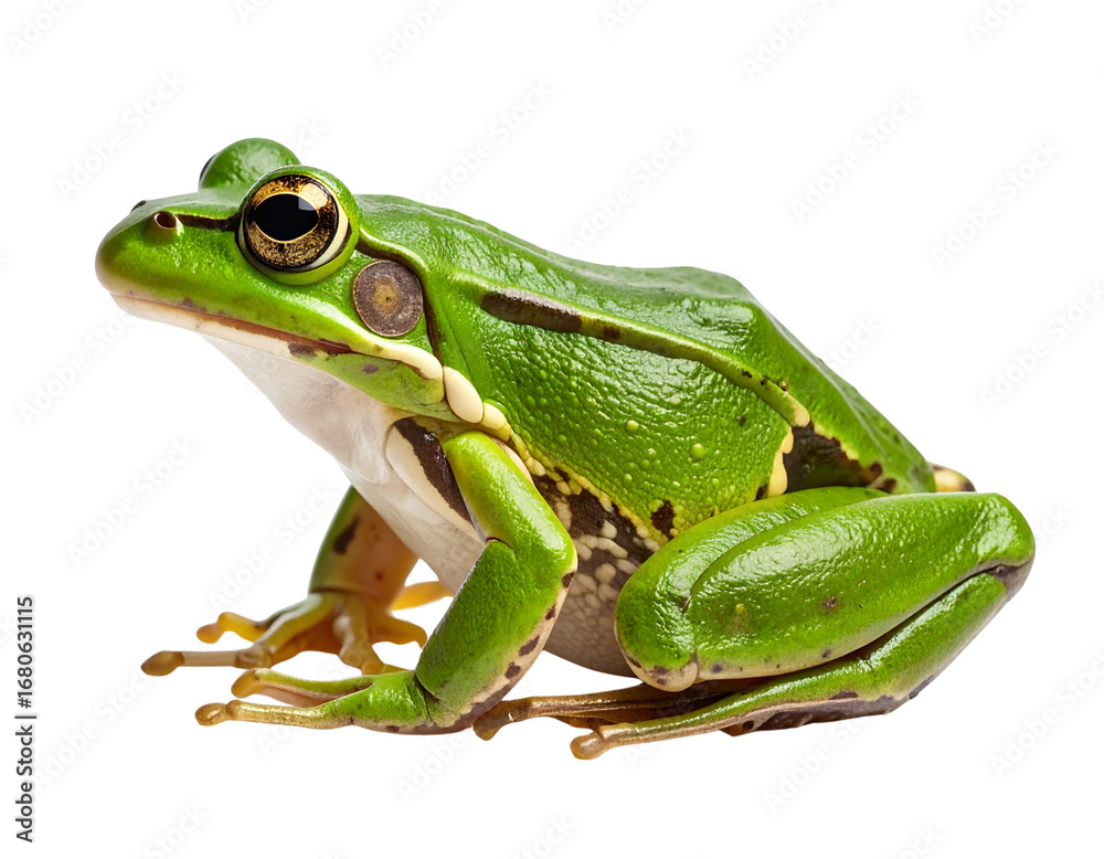 Obraz premium A green frog captured from the side, crouched in a natural position with visible legs 608658