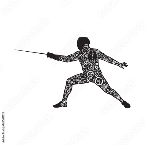 Vector art of fencer in action with gears inside