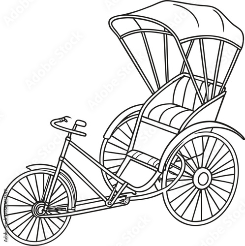 Illustration of a traditional rickshaw with a decorative canopy and a comfortable seat presented on a clean white background