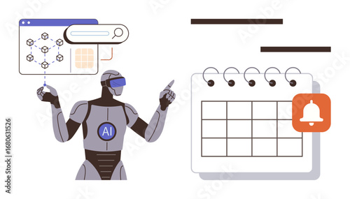Humanoid robot using analytics interface to automate scheduling on a digital calendar with reminder alerts. Ideal for innovation, technology, automation, future concepts, productivity, management, AI