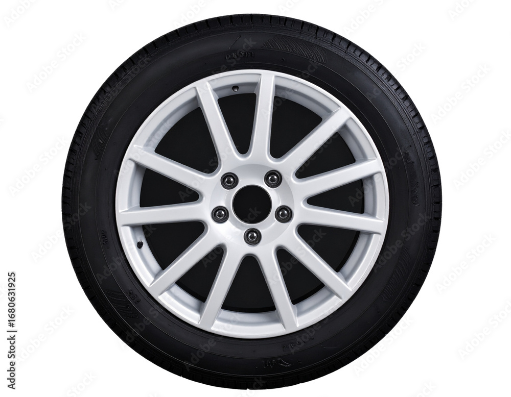 Obraz premium A large black tire with a clean white rim, captured close-up from the front, crisp ci 782516