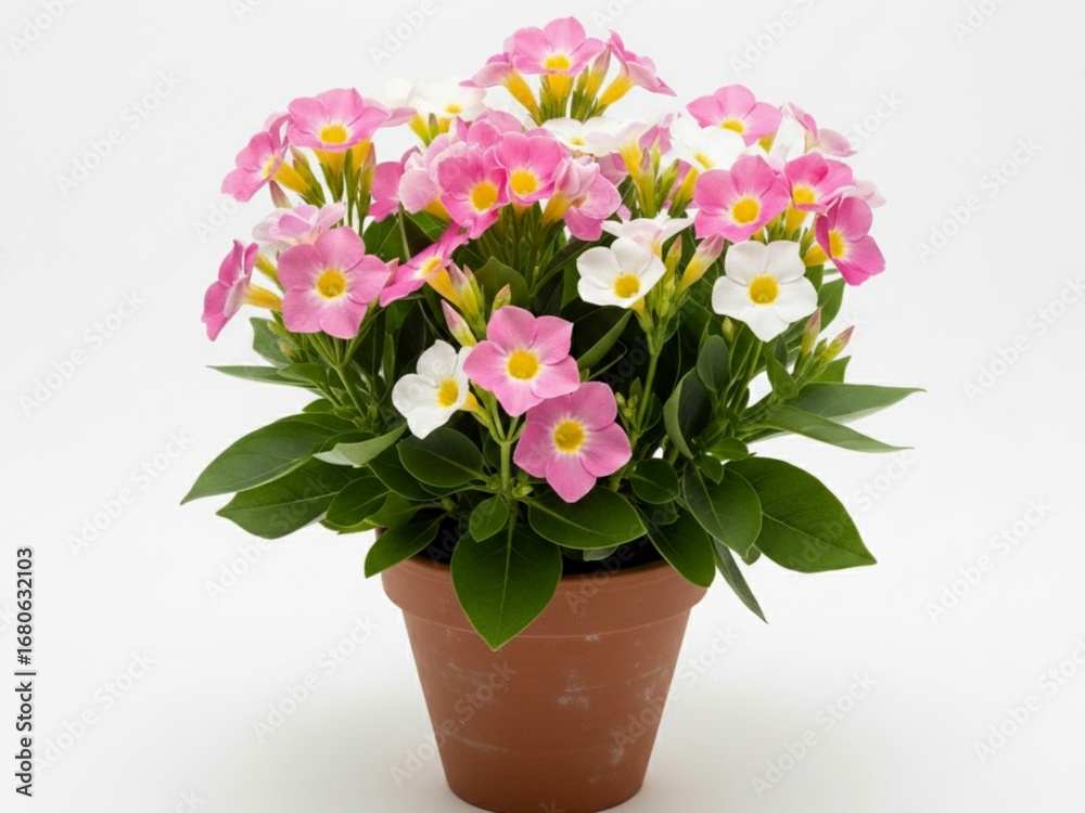 Naklejka premium Potted Pink and White Mandevilla Flowers on a White Background