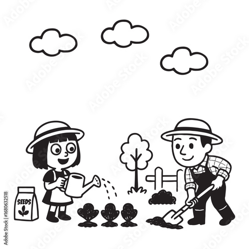Two people gardening together, planting seeds and nurturing plants.