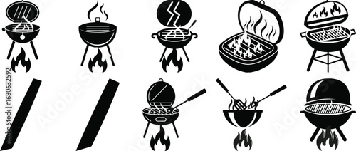 Barbecue Grill Icons Set — Black and White BBQ Symbols with Fire, Cooking Tools, and Grilling Design Elements