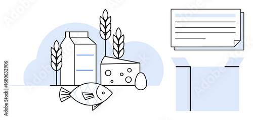Milk carton, cheese block, fish, wheat, and egg with a checklist and document. Ideal for agriculture, food processing, nutrition quality, grocery farming practices supply chain simple flat