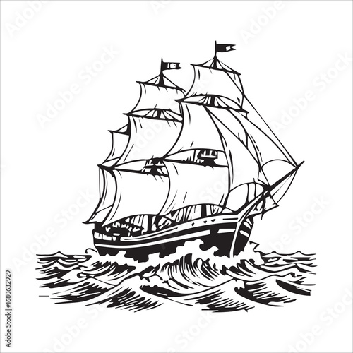 Vector art of vintage sailing ship on the sea