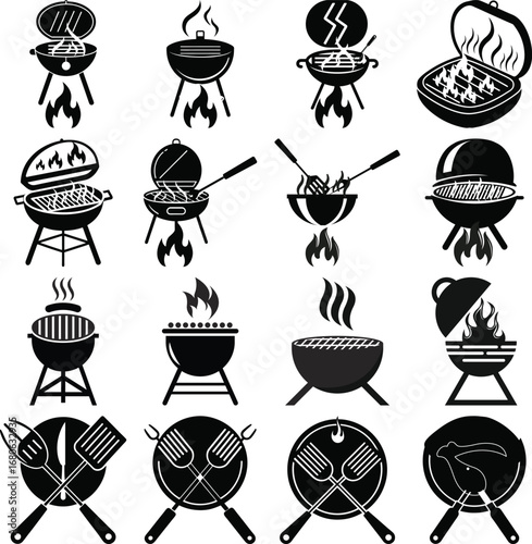 Barbecue Grill Icons Set — Black and White BBQ Symbols with Fire, Cooking Tools, and Grilling Design Elements