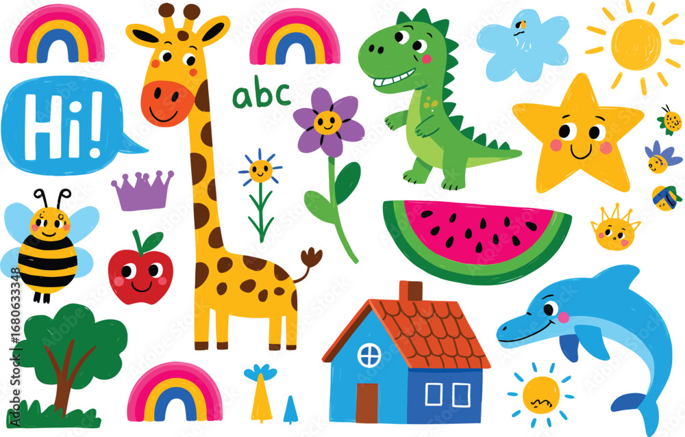 Fototapeta premium Cute Cartoon Animals and Objects Collection