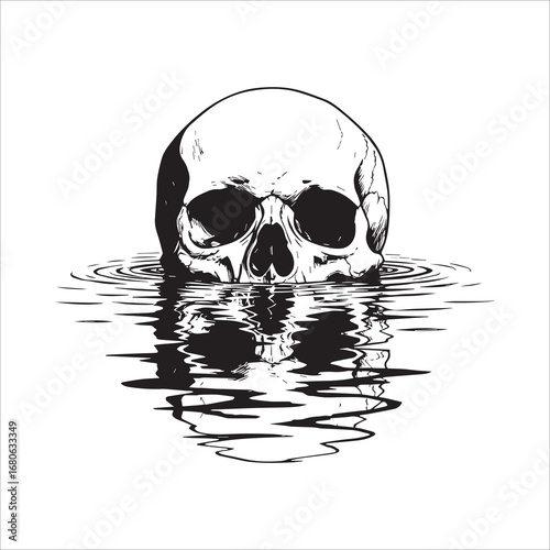 Vector art of skull in water with reflection, drawing