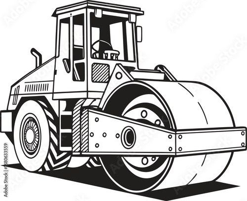 Illustration of a road roller with a prominent large front drum on a clean white background for advertising banners