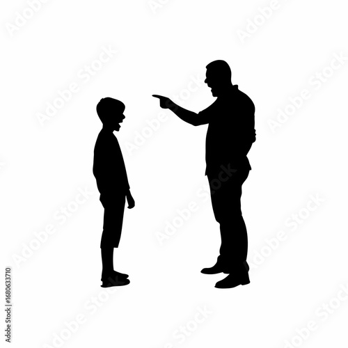Silhouette of angry father and son conflict on white background