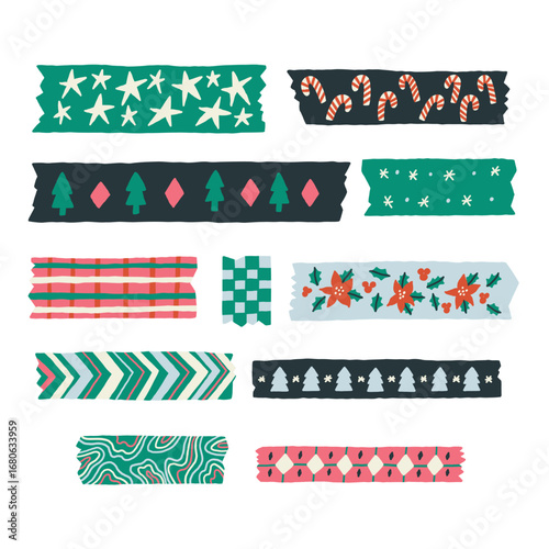 Christmas Washi Tape Sticker Decoration Set. Cute Note Frame Element Collection. Doodle Vector Illustration