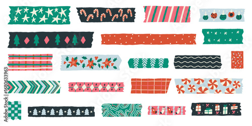 Christmas Washi Tape Sticker Set. Cute Note Frame Element Collection. Doodle Vector Illustration