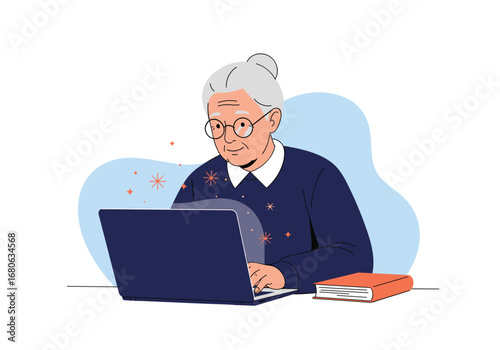 Elderly woman learning computer skills online through digital education platform using laptop technology