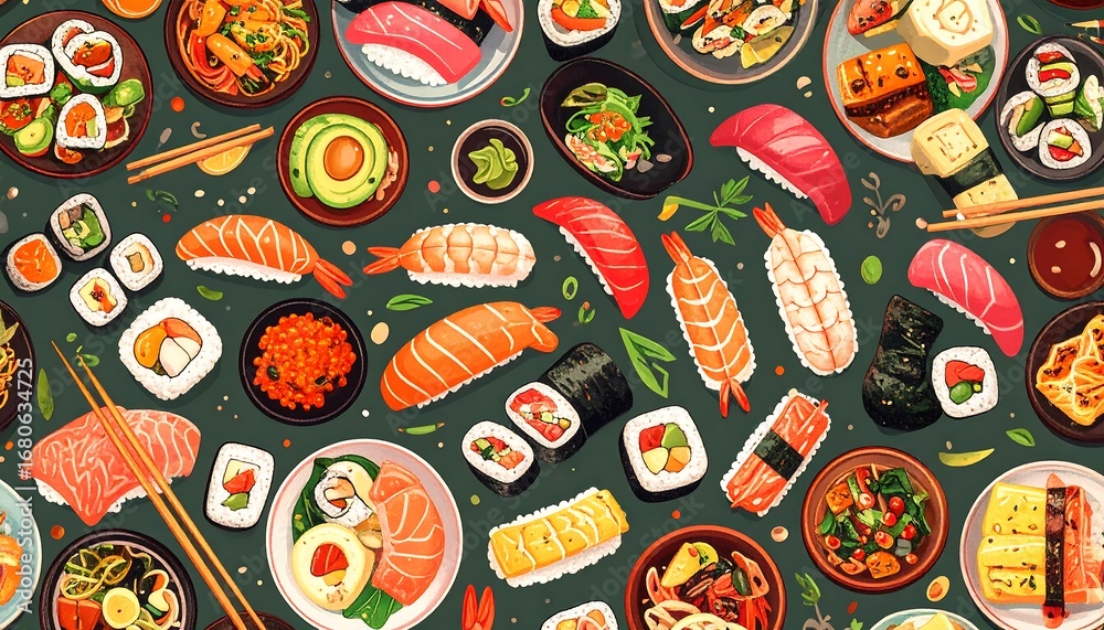 Naklejka premium Diverse sushi and Asian food pattern