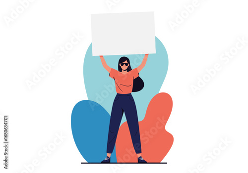 Woman holding blank sign demonstrating for freedom and rights social movement protest illustration