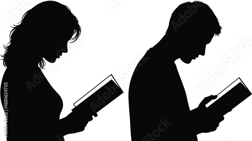Silhouettes of man and woman reading books facing opposite directions, isolated on white background, education and knowledge concept.