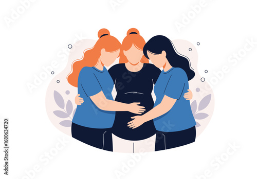 Three female friends embrace showing support and love during pregnancy journey together happily